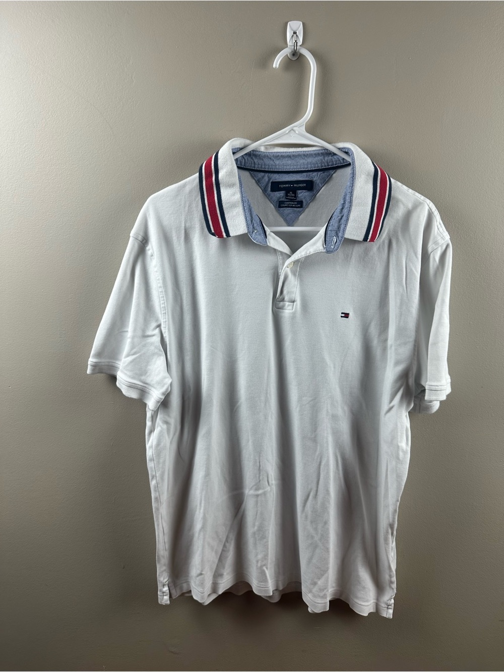 Tommy Hilfiger White Polo with Red & Navy Striped Collar